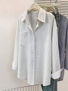 Women's Casual Striped Front Button Pocket Lapel Long Sleeve Stylish Striped Shirt Top Suitable For Autumn Winter Spring - White - View 4