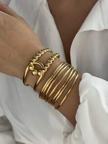 1pc Fashionable Geometric Line Stainless Steel 18K Gold Color Bracelet, Autumn/Winter Personalized Bangle Jewelry, Minimalist Wide Face Stackable High-End Women Bracelet