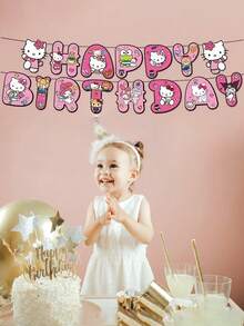 1 Set Sanrio Kuromi Themed Decorative Pennant Flags, Cute Hello Kitty Banner, Children's Birthday Hanging Decorations, Party Atmosphere Hanging Ornaments - Multicolor - View 3