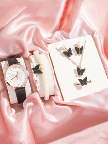 6 Stücke/Set Jugendliche einfache Bar Markierung Schmetterling Zifferblatt Lederarmband Quarzuhr + elegante Halskette Geschenkset, geeignet für Geburtstag, Abschluss, Schulabschluss usw.