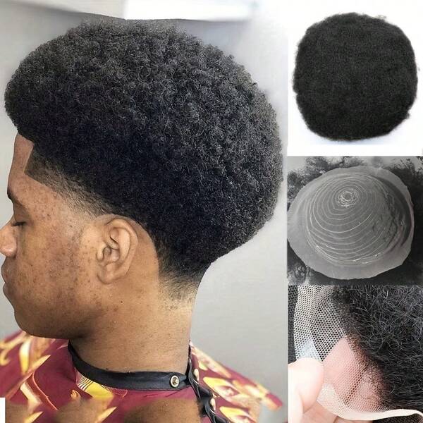 [Virgin Afro Men Toupee] 100% Virgin Human Hair Afro Curly Men Toupee - 8x10" Swiss Lace Full Lace 2mm Replacement Hair Pieces For Men - #1b Black Transparent Lace Afro America Brazilian Afro Men Wig