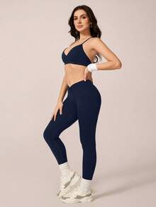 NcmRyu 1 set femei fără cusături confortabile casual culoare solidă sexy cu decolteu în V cu bretele încrucișate și talie în V cu bandă elastică pantaloni lungi pentru fitness, antrenament, alergare, yoga