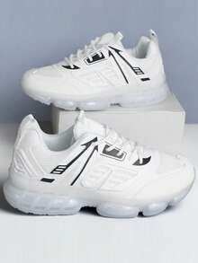 2025 New Men's Casual Sports Shoes, Thick Sole, Anti-Slip, Breathable Mesh, Soft & Comfortable, Black & White Color Block, Air Cushion, Shock Absorbing, Comfortable Men's Running Shoes