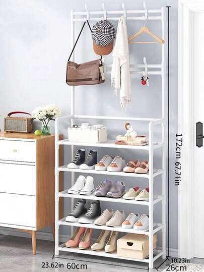 4-Layer/5-Layer Independent Metal Shoe Rack (The Material For Placing Shoes Is Non-Woven), Coat Rack, Multi-Functional Storage Hanger Outside The Door, Freestanding Wardrobe Hanger, Multi-Layer Indoor Shoe Rack With 8 Double-Hook Stainless Steel Shoe And Hat Combination Racks, 3-In-1 Space-Saving Storage Rack, Very Suitable For Bedroom, Living Room, Behind The Door, Corridor, Hat Rack, Shoe Rack, Portable Wardrobe, Luggage Storage Rack