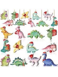 24pcs Christmas Tree Dinosaur Theme Design Unique Holiday Wooden Hanging Decorations (Hats, Scarves, Sweaters), Suitable For Holiday Trees, Home, Kitchen, And Party Decorations, Seasonal Kitchen Decorations | Classic Christmas Style | Vibrant Holiday Colors, Dinosaur Christmas Decorations