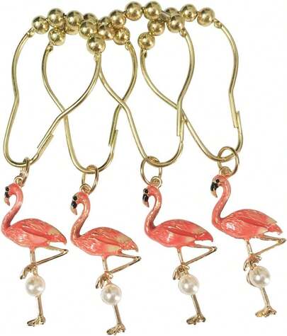 12 piezas Ganchos para cortina de ducha con diseño de flamenco, accesorios de decoración de baño de acero inoxidable resistente a la oxidación (Flamenco)