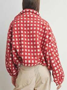 Sherpa Checkered Jacket For Women Plaid Zip Up Fleece Jacket With Pockets Winter Fall Fuzzy Cropped Coats - 紅色 - 查看 5