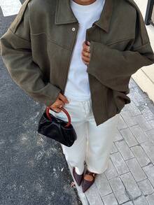 Seelio Autumn/Winter New Vintage Style Women Casual Versatile Suede-Like Green Jacket - Army Green - View 6