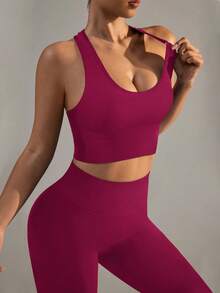 Yefecy Women's Fitness Set, Including Sports Bra And Butt-Lifting High-Waist Leggings, Seamless Design - Burgundy - View 6