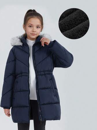 SOLOCOTE Girls' Long Thick Zip-Front Hooded Cotton Parka, Casual Christmas Party Warm Winter Jacket