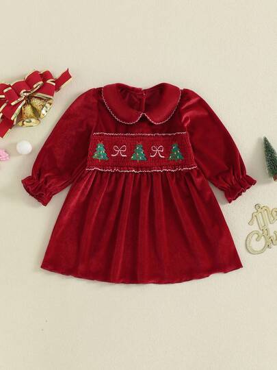 Toddler Girl Christmas Velvet Dress Tree Embroidery Doll Collar Long Sleeves A Line Dress