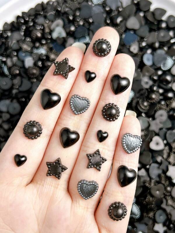 50Pcs Random Mixed ABS French Style Black Pearl Nail Charms 3D Black Star Hearts Sweet And Cool Style Nail Art Accessories DIY Suitable For Festival Parties