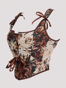 Corset, Corset For Women, Bodycon Top, Double Strap Design, Floral Print, Suitable For Daily Wear, Dating, Halloween Party, Shapewear Top For Women. - Apricot - View 2