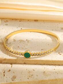 1 pieza Brazalete clásico de acero inoxidable bellamente brillante con disco incrustado de circonita sintética de colores, para uso diario de hombres, mujeres y parejas, ideal como regalo de vacaciones