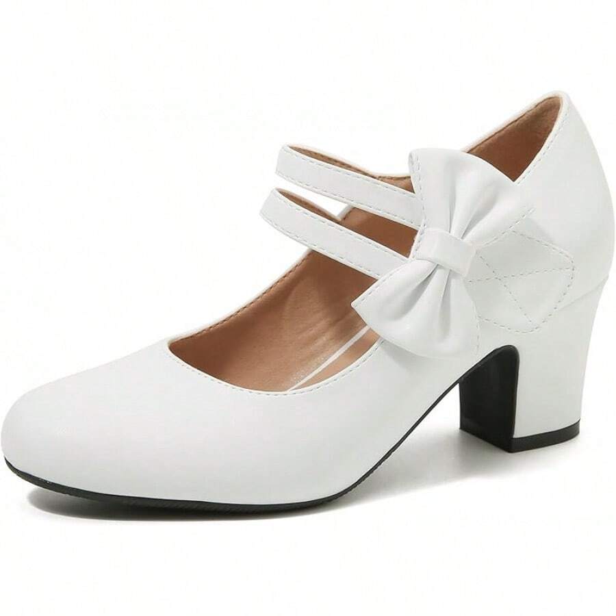 Enelauge Women's Mary Jane Heels With Bow Retro Closed Round Toe Pumps Sweet Ankle Strap Low Block Heels Chic Bowtie Vintage Dress Wedding Party Office Daily ShoesChristmas - 白色 - 查看 1