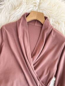 Camiseta feminina de lã quente com decote em V e manga comprida, elegante, casual, slim fit, rosa, outono/inverno - Rosa Cinza - Ver 7