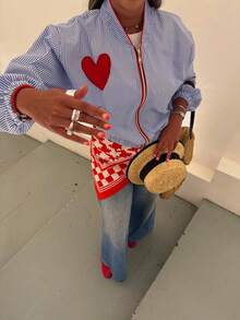 Women's Autumn New Blue Striped Heart Patch Contrast Color Jacket, Casual Commuting Vacation Style Jacket - Blue - View 3