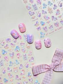 紫色独角兽洛丽塔美甲贴纸 5D蝴蝶结魔法玫瑰旋转星翼可爱卡通旋转木马快乐美甲贴花梦幻5D奇幻自粘美甲贴纸女孩美甲用品 - 彩色 - 查看 4