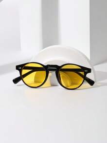 1pc Men's Vintage Rivet Small Frame Round Nerd Glasses, Suitable For College Style, Retro Unisex Fashion Street Style, Fashion Glasses For Holiday, Daily Commute, Polycarbonate Stylish Lens With Glasses Strap For Summer Beach Vacation,Outdoor,Travel - 芥末黃 - 查看 6