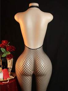 女士性感镂空连体衣搭配渔网袜和透明过膝长袜，适合夜店、夜生活、约会、演出、蜜月等场合 - 性感丝袜和紧身裤内衣 - 黑色 - 查看 2