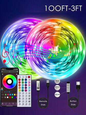 1pc 3.3ft-130ft LED Strip Lights,USB Rope Lights Sync With Music,With Timing Settings,IR44 Key Remote And APP Control,With DIY Modes,Adjustable Brightness,Easy Installation,For Bedroom,Living Room, Kitchen, Bar, Corridor,Party Decoration(1M-40M),1M-5M Button Control Model Without APP And Without Remote Control)