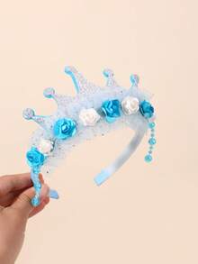 تاج من التول الوردي والأزرق 1 قطعة/2 قطعة، شريط شعر مزين بالزهور، إكسسوارات شعر أنيقة للبنات والمراهقات هدايا لحفلات عيد الميلاد