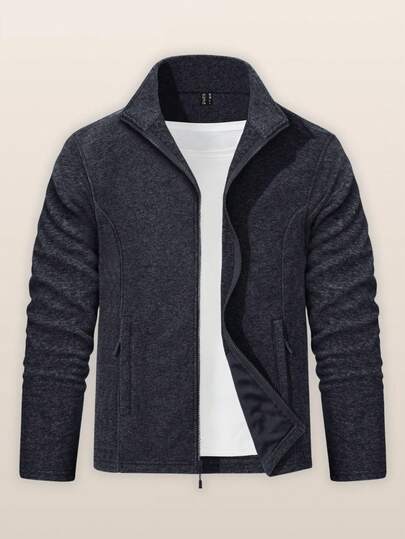 Mens Winter Fleece Jackets Stand Collar Full Zip Outdoor Casual Coats Lightweight Warm Outwear Tops With 2 Zipper Pockets