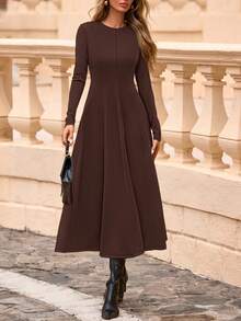 Cocktail Dresses For Women  Elegant Classy Fall Long Sleeve Midi Swing A Line Flowy Modest Party Dress - 棕色 - 查看 8