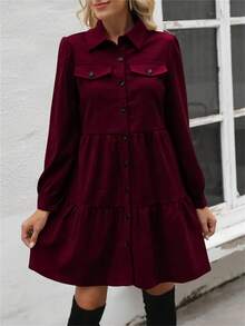 Women's Solid Color Bubble Sleeve Single-Breasted Ruffle Hem Casual Shirt Dress, Autumn - Red - View 2