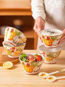 2/4 件陶瓷碗勺套装，南瓜图案餐具，400 毫升/13.5 盎司乡村风格早餐燕麦碗、酸奶碗、沙拉碗、甜点碗，适用于洗碗机、烤箱、微波炉，适用于家庭、厨房、餐厅、派对、宴会、万圣节礼物 - 彩色 - 查看 2