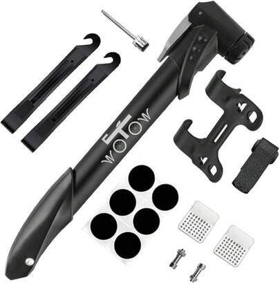 WOTOW Bomba de Bicicleta Ciclismo, Bomba de Aire Portátil, Kit de Reparación de Neumático Válvula Presta Schrader para Bicicleta Montaña Carretera BMX Balones Deportivos