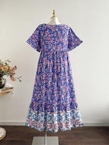 Plus Size Bohemian Style Floral V-Neck Dress, Patchwork Vintage Print Long Dress, Suitable For Vacation And Photo Shooting - Blue - View 4