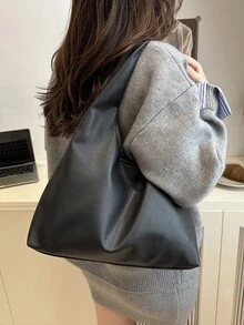 Women's Solid Color PU Leather Fashion Large Capacity Shoulder Bag For Daily Use - Black - View 5