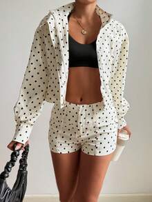 GLOpass Retro Fashion Casual Commuter Polka Dot Print Utility Boxy Stand Collar Jacket - Apricot - View 4