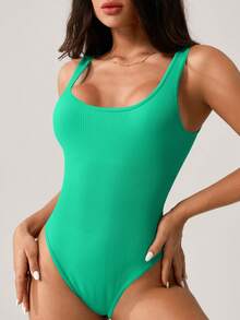 NcmRyu Women's Solid Color Seamless Ribbed Romper - Sleeveless, Comfortable Breathable Slim-Fit Jumpsuit For Yoga, Workout, Exercise & Casual Wear - 綠色 - 查看 3