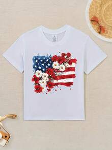 Unique Floral American Flag Floral 4th Of July Novelty Awesome Graphic Kid T-Shirt Cute Kid T Shirts Trending Tees Tops For Kid - White - View 5