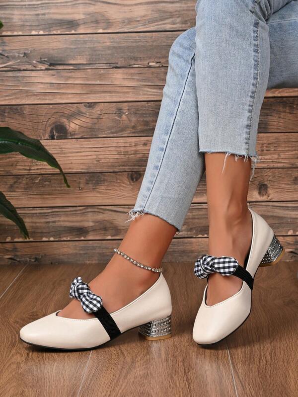 Lässige Slipper mit Strass-Verzierung, Schleifendekor, schwarze & beige Mary Jane Schuhe für Damen, Frühling/Herbst