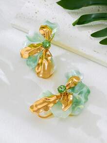 2件套时尚简约不对称超大号紫红色耳环，百搭优雅设计，适合女性，度假佩戴 - 綠色 - 查看 4