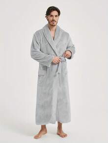 男士毛绒羊毛浴袍 - 舒适 V 领浴袍，配有可调节腰带和大口袋，可机洗，厚实保暖法兰绒，适合秋冬、居家休闲、浴袍、秋冬穿着，质地柔软 - 彩色 - 查看 9