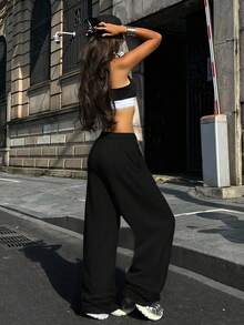 Women's Straight Leg Casual Sweatpants, Fashionable Minimalist Elastic Waist With Side Pockets Sports - Black - View 2