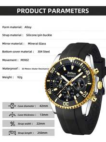 1 Đồng hồ nam BIDEN có vành lặn, chức năng bấm giờ, chống nước, thiết kế phát sáng, dây cao su, lịch ngày dạng kim thể thao thanh lịch - màu đen - Xem 6