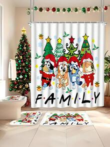 [Christmas Bluey Shower Curtain Window Curtain Set] 1/3/4pcs Christmas Solid Color Santa Hat Bluey Family And Friends Holiday Pattern Printed Shower Curtain Set, Modern Design, Suitable For All Seasons, Waterproof Polyester Hooks And Lining, Flannel Material, Soft Surface, Absorbent Anti-Slip Bathroom Mat, Bathroom Set Includes U-Shaped Mat, Toilet Mat, Anti-Slip Bathroom Mat And Bathroom Accessories, Home Decor, Holiday Decor, Christmas Gift, Daily Decor, Gift Giving