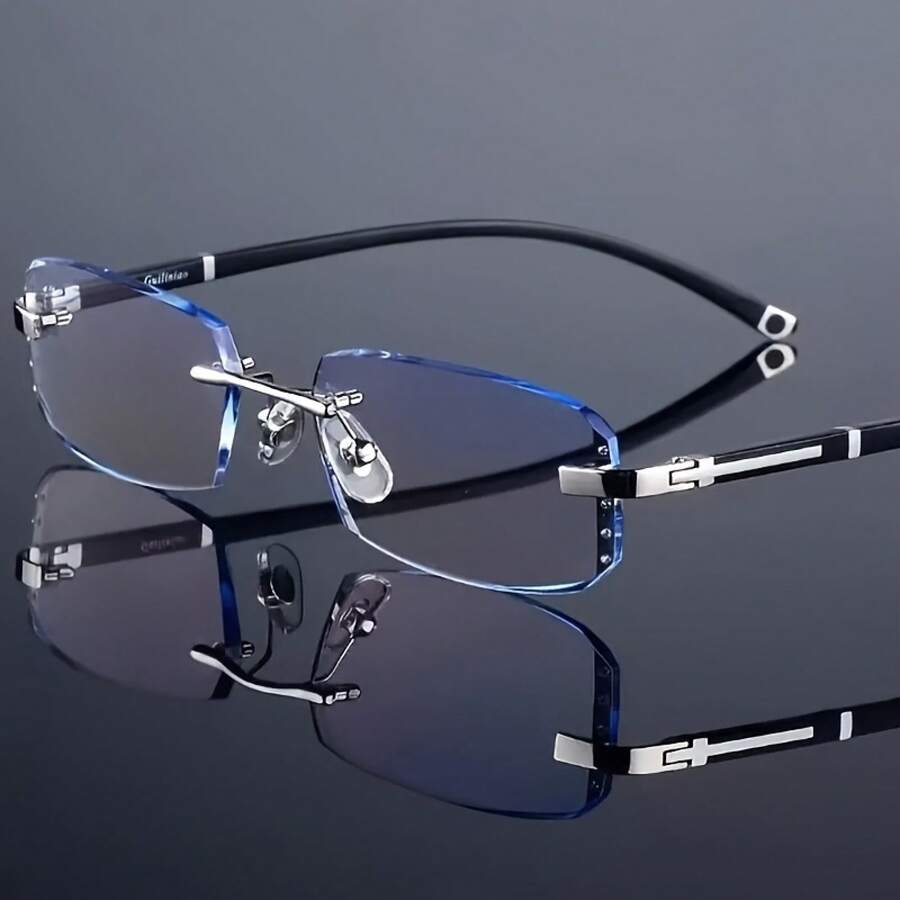 1 Pair Of Men's Smart Zoom Glasses| Vintage Frameless PC Frame Automatic Adjustment +1.5 To -2.0 Degrees Scratch-Resistant And Drop-Resistant Lightweight Design All-Day Comfort Vision Aid Glasses Polycarbonate Lenses - 藍色 - 智慧變焦 - 查看 1
