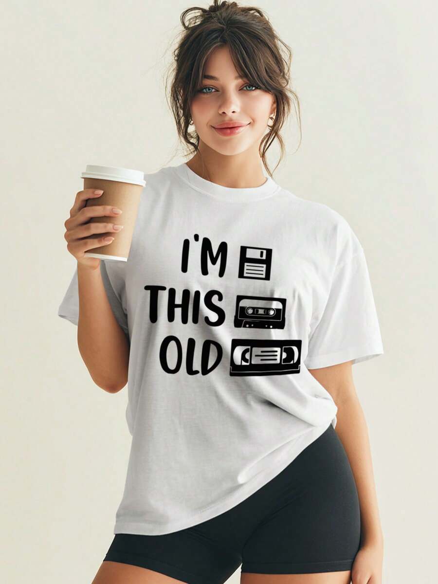 Oversized Graphic T-Shirt,Funny Retro "I'm This Old " T-Shirt With Vintage Cassette, Floppy Disk, VHS Design - 90s Throwback, Great Gift Idea, For Casual Daily Wear, Designed To Highlight Comfort And Confidence - trắng - Xem 1