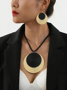 1set Exaggerated Double-Layer Large Linen Disc Earrings, Pendant & Choker Necklace - Round - View 16