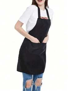 1-5 pièces Tablier en polyester pour femmes, style simple noir avec poches, résistant à l'huile avec poches. Tablier de cuisine épaissi à la taille. Mode, travaux ménagers, cuisine, vêtements de travail. Fournitures de cuisine, tablier de cuisine. Tablier réglable avec poches, imperméable et résistant aux graisses, convient pour la cuisine, le chef, unisexe, homme ou femme peut porter le tablier de cuisine. Design simple, style mode et élégant.
