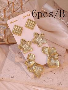 6/12pcs Fashion New ABS Plastic 5-Petal Flower, Bowknot, Multi-Shape Earring & Stud Set, Suitable For Women Daily Wear - Gold - View 11