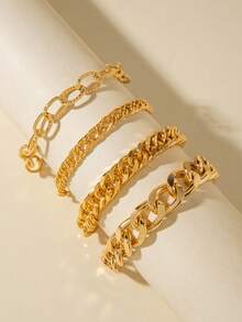4pcs/Set Minimalist Punk Metal Chunky Chain Bracelet Set, Suitable For Dating, Party, Daily Wear - Yellow Gold - View 3