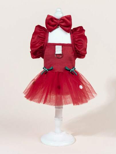 1 Set Pet Tulle Dress With Bowknot, Cute Fashion Printed Dress + Bowknot Pet Costume, Elastic Mesh Princess Pet Dress For Dogs & Cats