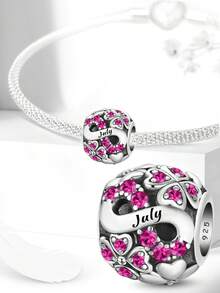 1颗925纯银四叶草诞生石珠，适合DIY手链和女士首饰 - 銀色 - 查看 5